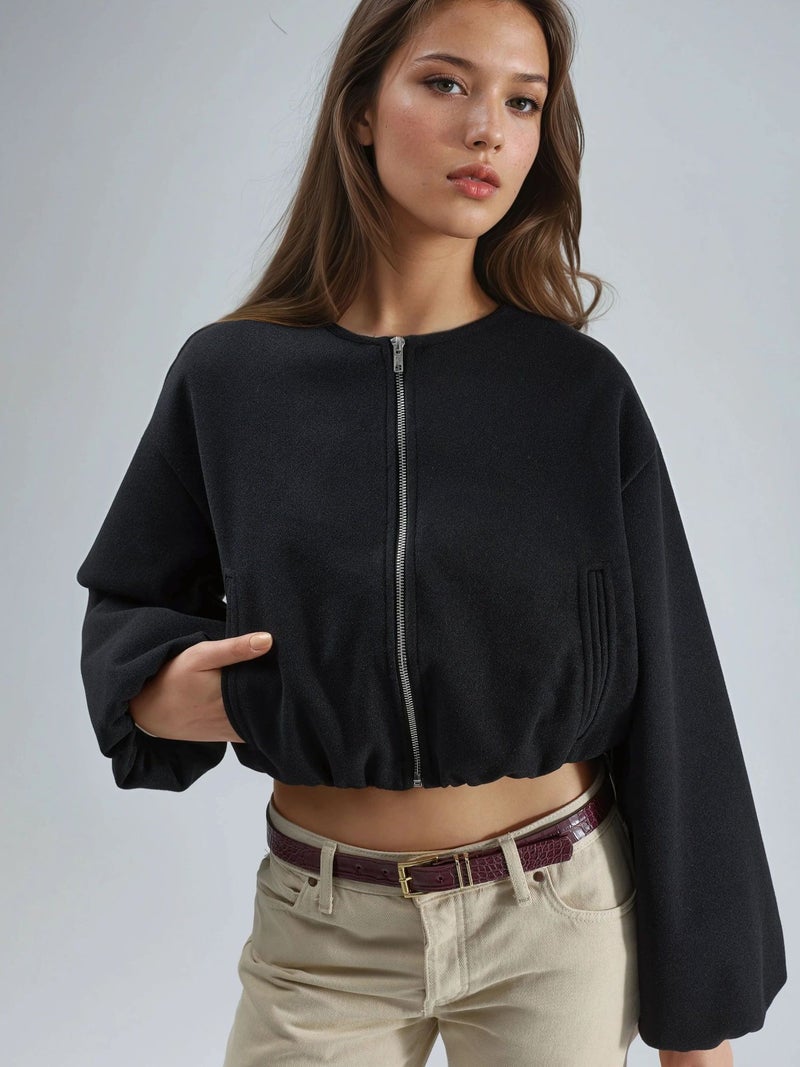 BUSEM Crop Gabardine Jacket with Zipper and Pocket - Image 1